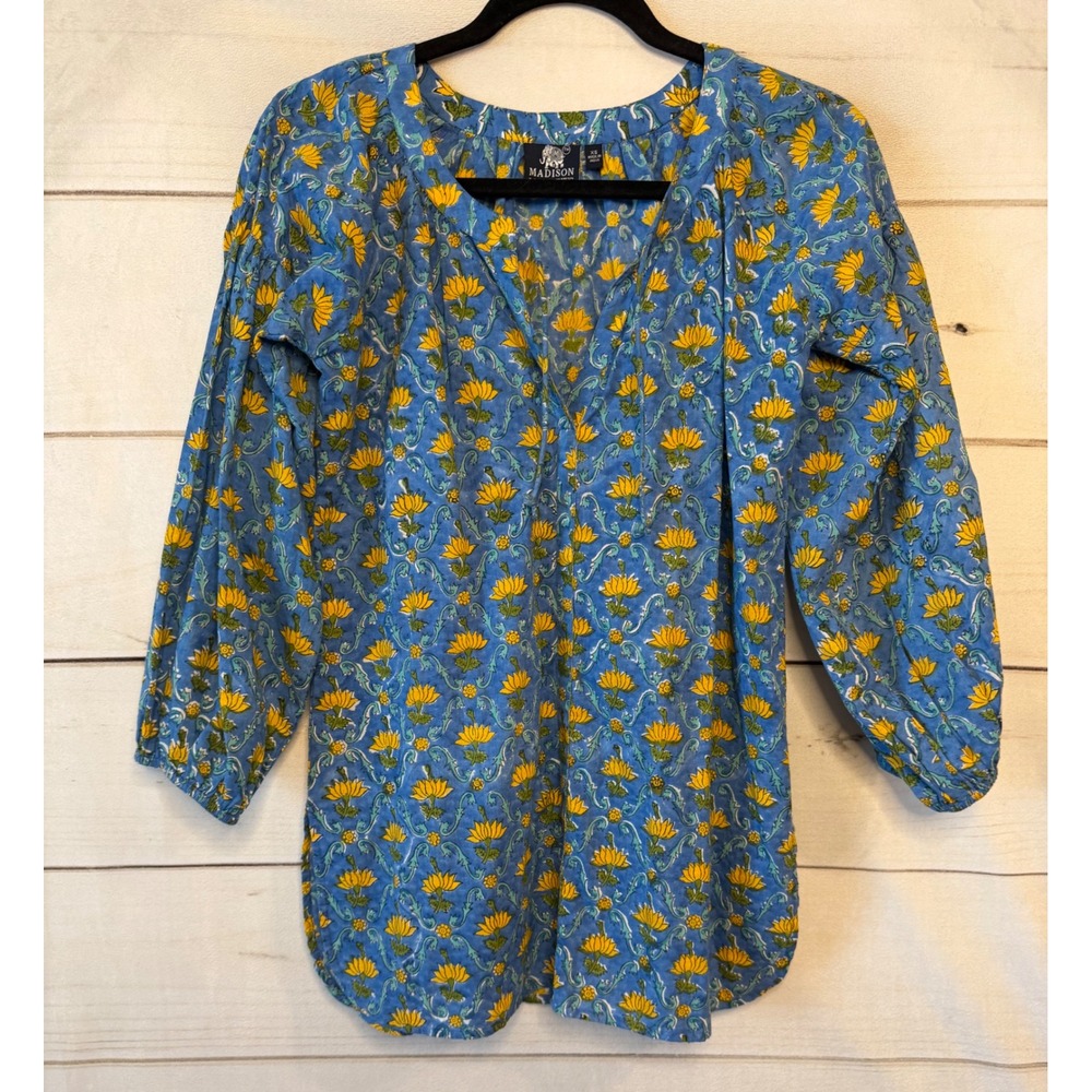 Madison Mathews Block Print Tunic Top Blue Yellow Floral Cotton XS India Boho